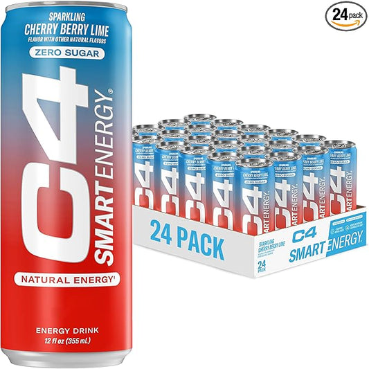 C4 Smart Energy Drink - Sugar Free Performance Fuel & Nootropic Brain Booster, Coffee Substitute or Alternative | Cherry Berry Lime 12 Oz - 24 Pack