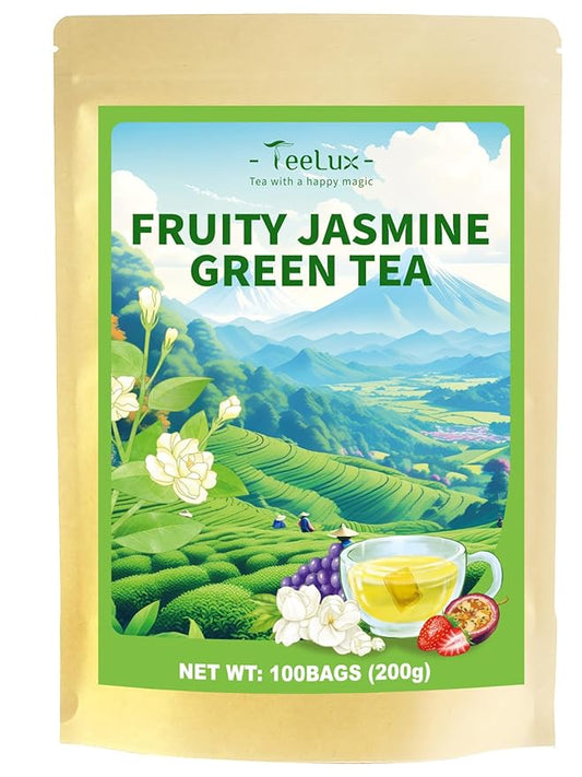 TeeLux Fruit Scented Jasmine Green Tea, Brisk Green Tea with Natural Fruity Jasmine Flavor, Pleasant Floral & Fruit Aroma, 100 Count