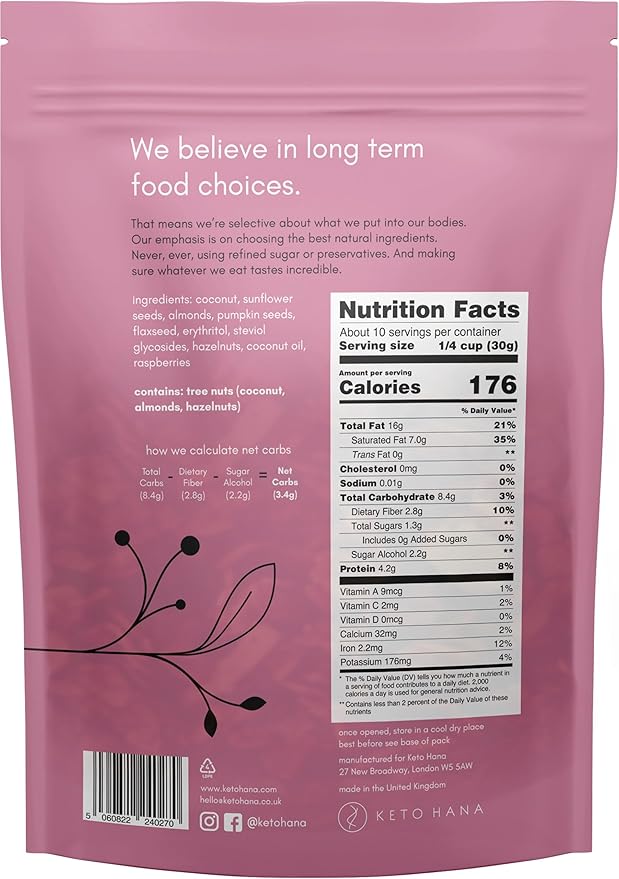 Keto Hana Raspberry Keto Granola Keto Diet Vegan Grain Free Dairy Free Plant Based No Refined Sugars Gluten Free 2g Net Carbs Breakfast Cereal - 11oz