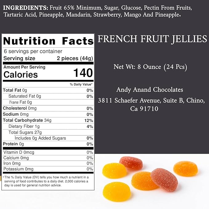 Andy Anand Chocolatier Pâtes de Fruits - Gluten Free French Fruit Jellies, Flown Fresh from France Mix of Natural Assorted Flavors, Guilt Free Indulgence with No Artificial Additives (24 Pcs, 8 Oz)