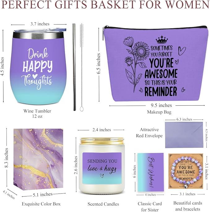 Encourangement Inspirational Birthday Gifts for Women, Friendship Thank You Gifts for Women, Mom Friends Sister Christmas Wine Tumbler Makeup Bag Scented Candle Bracelet Basket