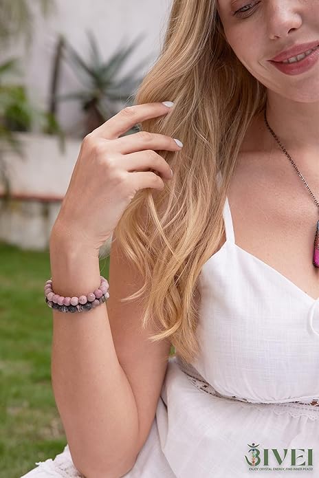 Bivei Natural Gemstone Semi Precious Healing Crystals Handmade Stretchy Round Beads Bracelet, Enhance Positive Energy