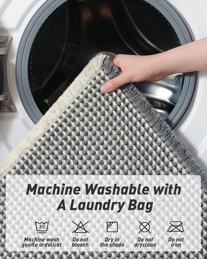 AMOAMI Upgraded Waffle Runner Rug Super Absorbent Non Slip Bath Mats for Bathroom Machine Washable Bathroom Runner Rug with Tassels, Ideal for Hallway Bedroom Laundry Room, 2' x 6', Darkgrey & Cream