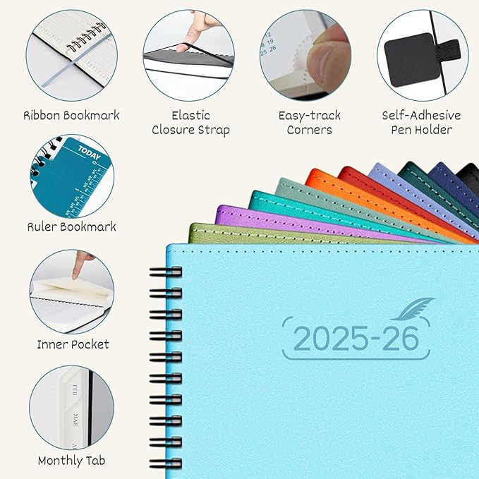 BEZEND Planner 2025-2026 Weekly and Monthly, 5.8" x 8.5" Academic Calendar (Jul 25-Dec 26) Vertical Daily Appointment with Hourly Timeslot & Monthly Tab, Spiral, PU Leather Softcover - Kiwi