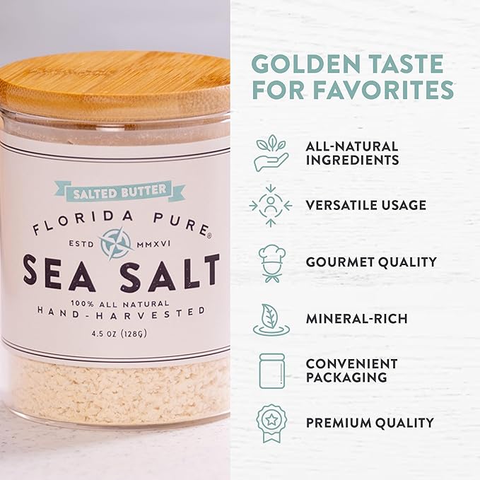 FLORIDA PURE Salted Butter Sea Salt - 80+ Mineral Sea Salt, Natural, Unrefined, Non Iodized - for Baking, Cooking, Seasoning & Enhancing Taste - Hand-harvested Flaky Sea Salt (4.5oz Jar)