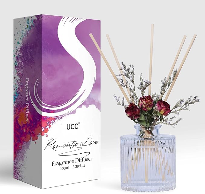 UCC Reed Diffuser Set, 3.38 oz Romantic Love Premium Hotel Collection Scented Diffuser with Flower Sticks Home Fragrance Reed Diffuser for Bathroom Shelf Decor