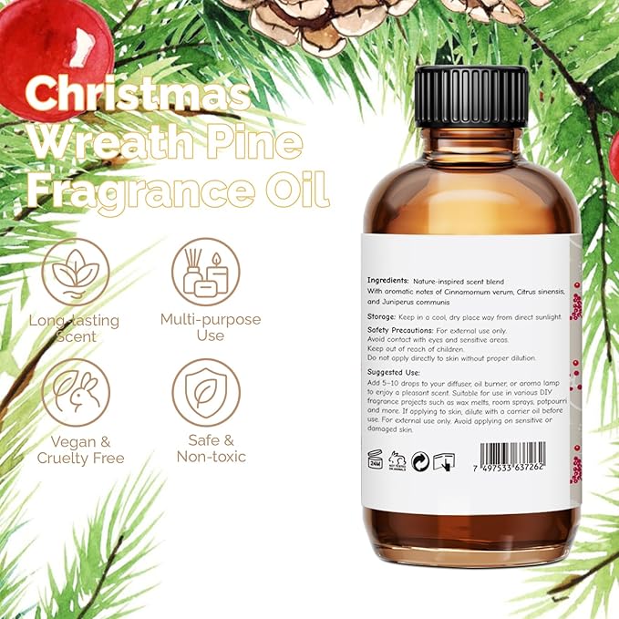 Christmas Wreath Pine Fragrance Oil 2 Oz, Natural Scent Oil for Home Essential Oils Diffuser, Candle Making, Soap Making, DIY Body Oils, Perfume, Body Mist, Spray - Cozy Pine Scent