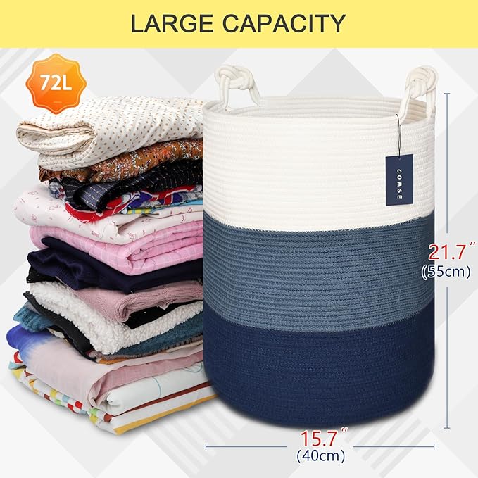 COMSE Extra Large Blanket Basket, Tall Woven Storage Basket, Nursery Hamper, 15.7”x 21.7”, Cotton Rope Laundry Hamper for Toys Clothes Towels, White/Cadet Blue/Navy Blue