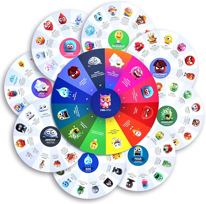 FeelWise Super EQ Kit - For Building Emotional Intelligence - Thirteen 12" Round 2-sided Emotion Wheels w/ Storage Envelope & Instructions - Emotion Learning Games for Kids, Parents, Professionals, Teachers, School Counselor - Screen-Free Activities
