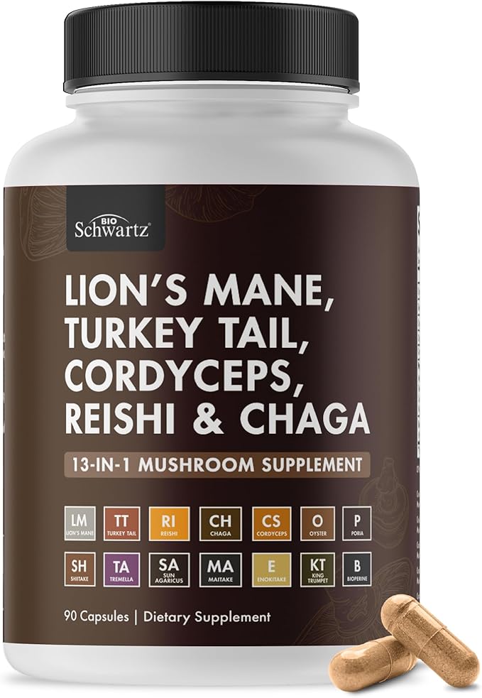 BioSchwartz 13-in-1 Mushroom Complex Capsules - Organic Mushroom Supplement with Lions Mane, Chaga, Reishi, Cordyceps - Supports Focus, Energy, Immune System - with BioPerine for Absorption, 90 Count