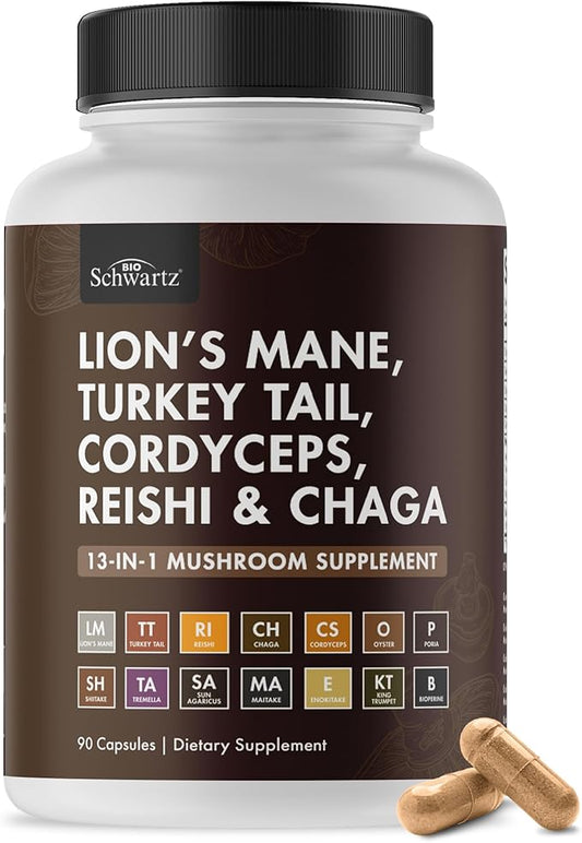 BioSchwartz 13-in-1 Mushroom Complex Capsules - Organic Mushroom Supplement with Lions Mane, Chaga, Reishi, Cordyceps - Supports Focus, Energy, Immune System - with BioPerine for Absorption, 90 Count