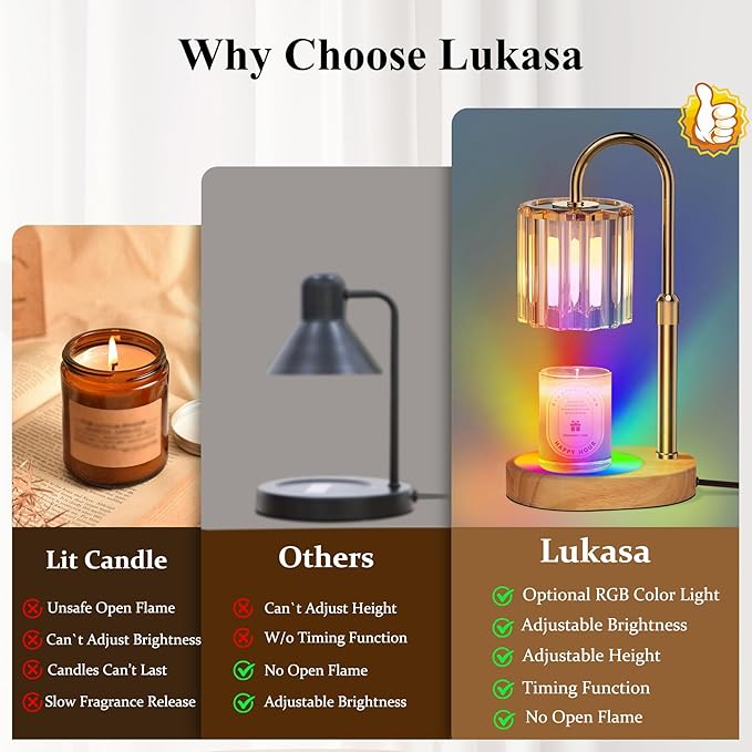 Lukasa Candle Warmer Lamp, with RGB LED Lights,Timer and Dimmer, Adjustable Height, House Warming Gifts New Home Decor, Gifts for Women Mom, Wax Melt Warmer for Scented Jar Candles