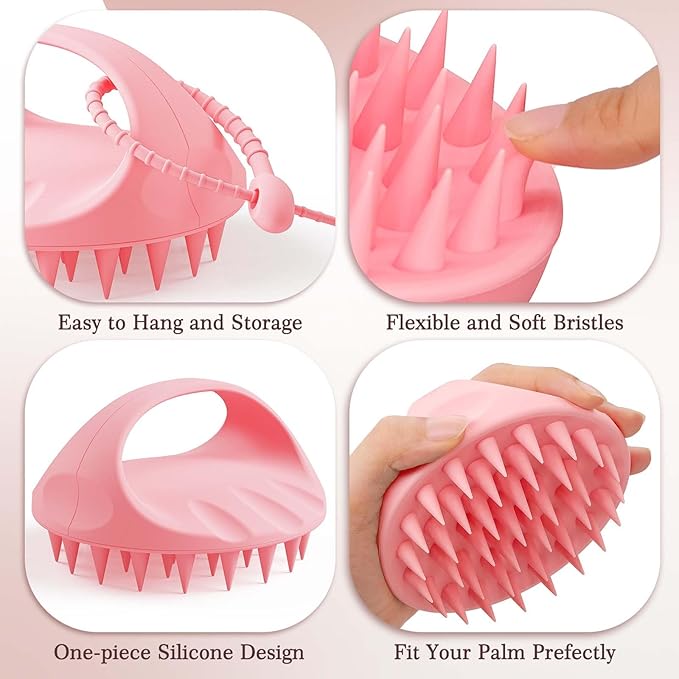 Manmihealth Silicone Back Scrubber & Soft Bath Glove, Silicone Scalp Massager Set 5 PCS, Super-Exfoliating Body Scrubber Shower Brush & Shampoo Brush Combination, with 2 Free Hooks (Style 2 Pink)