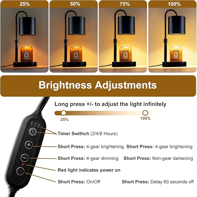 Briever Dimmable Candle Warmer Lamp with Timer, Height Adjustable Electric Candle Wax Warmer, Christmas Birthday Gifts for Women Mom, House Warming Gifts New Home Room Decor, Black Solid Wood Base