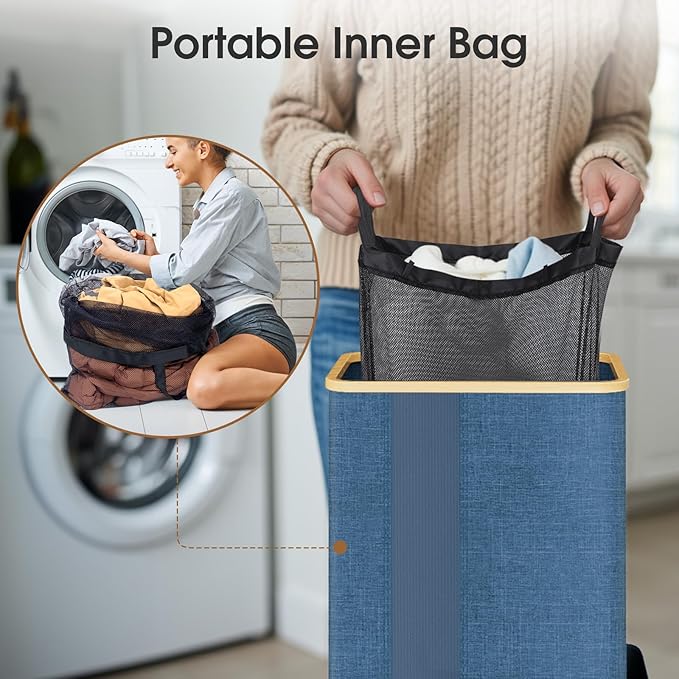 Laundry Basket Clothes Hamper with Lid and Pocket Large Collapsible Laundry Baskets with Handle, Freestanding Hampers for Bedroom Aesthetic, Dorm, Bathroom, Laundry Room (100L,Light Blue)