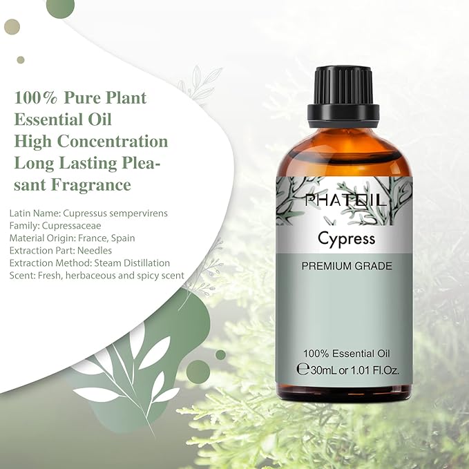 Cypress Essential Oil, 1.01Fl.Oz (30ML) PHATOIL Pure Essential Oil Singles for Aromatherapy Diffusers, Humidifiers, Great for DIY Candle and Soap Making, Gift for Friend