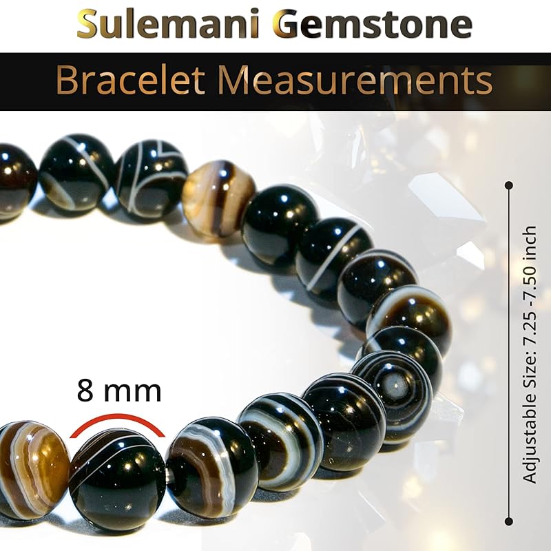 Black Sulemani Hakik Bracelet, Natural Healing Crystal Bracelet for Women and Men, 8mm Round Beaded Bracelet for Spiritual, Protection, Positive Energy, Elastic Adjustable Size Gemstone Bead Bracelet