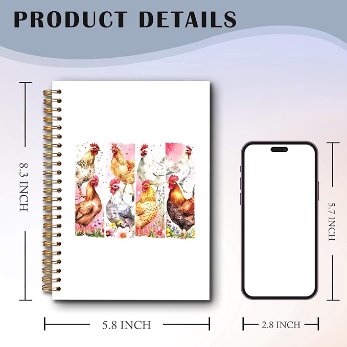 Floral Chicken Spiral Notebooks, Chickens Lover Gifts Journal, Chicken Mom Lady Gifts Journals for Writing, Funny Farm Animal Rooster Hen Notebook for Note Taking, 5.5x8.3 Inch