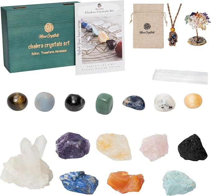 Crystals and Healing Stones Chakra Set Authentic Natural Raw Crystals Gemstones Kit Spiritual Gift - Quartz Colony Selenite Wand Rose Quartz Reiki Yoga Meditation