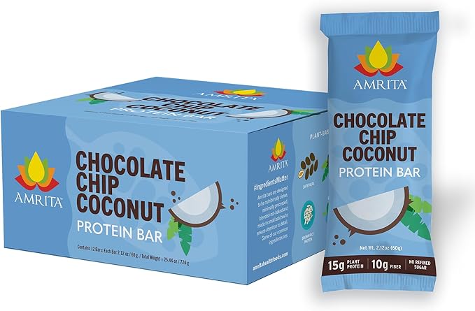 Amrita Nut Free Chocolate Chip Coconut Vegan Protein Bars (12 Count) | 12g Plant-Based Protein Bar | Peanut Free, Gluten Free, and Dairy Free | Low Sugar, High Fiber, Healthy School-Safe Snacks