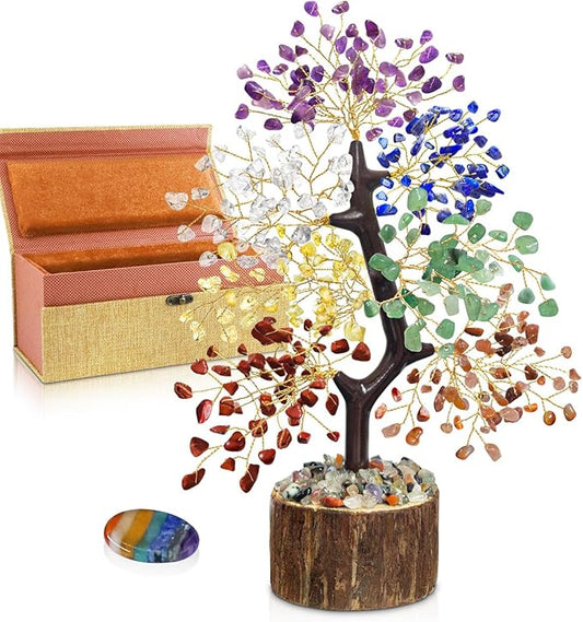 7 Chakra Crystal Tree of Life - Unique Birthday Gifts for Women, Healing Crystal Trees for Home Decor, Office Desk Decor, Positive Energy Spiritual Crystals and Healing Stones, Thumb Worry Stone