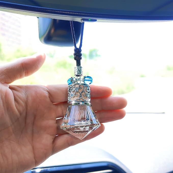 Car Air Freshener Diffuser Hanging Ornament, Diamond-shaped Empty Crystal Bottle Car Mirror Hanging Accessories, Elegant Bottle Pendant with Wooden Caps Rear View Mirror Accessories
