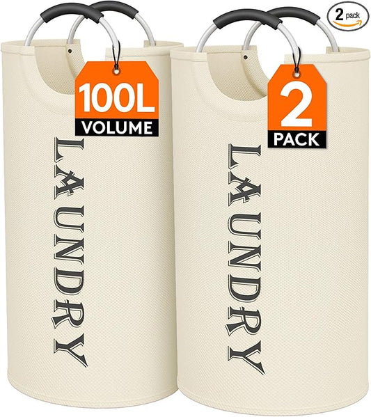 Lifewit 100L 2-Pack Large Laundry Basket, Collapsible Laundry Hamper with Aluminum Handles, Waterproof Freestanding Dirty Clothes Hampers for Laundry Room Bedroom Dorm Bathroom, White