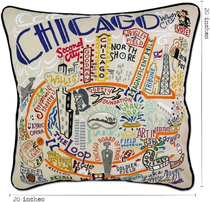 Catstudio Chicago Embroidered Pillow - U.S. City Souvenir Decorative Throw Pillow with Original Artwork for Chicago Lovers, Travel Souvenir