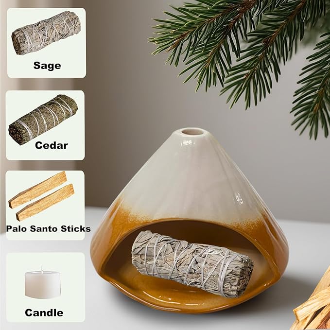 Ceramic Palo Santo Holder, Fuji Mountain Shape Incense Stick Burner for Yoga, Meditation,and Energy Cleansing Shower, Anxiety Relief for Women, Meditation Gifts with Gift Box (Brown and White)