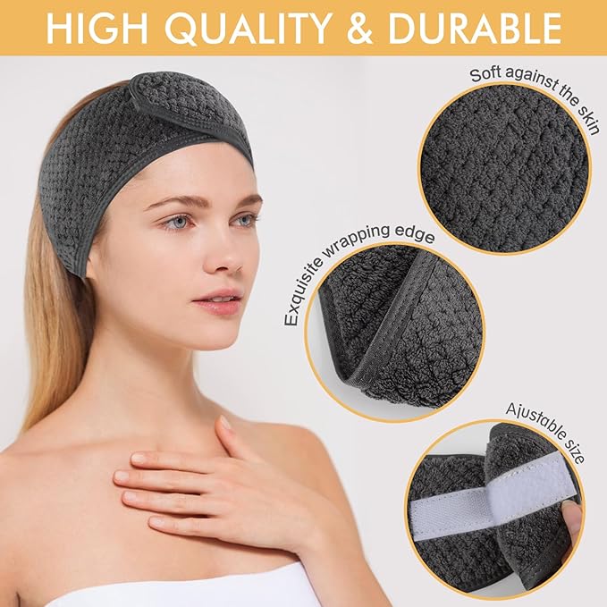 SINLAND Spa Headband for Women Ultra Soft Adjustable Makeup Hair Band with Magic Tape, Stretch Head Wrap for Bath, Shower, Facial Mask, Yoga