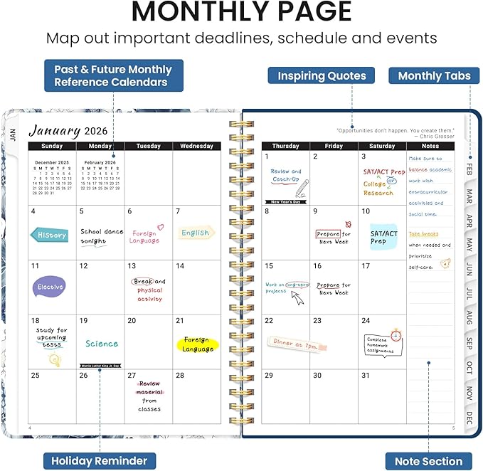 2026 Planner, Monthly and Weekly Calendar Planner for Women, January 2026 - December 2026, Hardcover Pretty 2026 Agenda Planner Book with Tabs, Spiral Bound, Perfect for School Office Home Supplies, 8.5" x 11" - Blue Floral