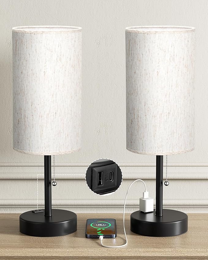 Fenmzee Plus Bedside Table Lamps Set of 2-3 Color Temperatures Pull Chain Lamp with AC Outlet Charging Port, Round Night Stand Lamps for Bedroom Guest Room Office, Bed Side Light with E26 LED Bulbs