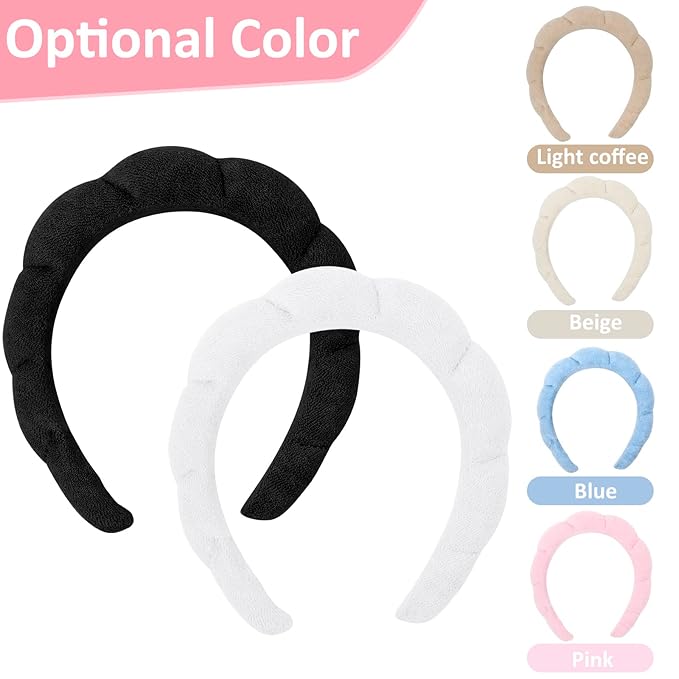 AMCAMI 2 PCS Puffy Spa Headband for Women Sponge Headbands for Girls Terry Towel Cloth Fabric Head Band for Skincare, Makeup Removal, Face Washing, Facial Mask, Shower, Hair Accessories (Black&White)