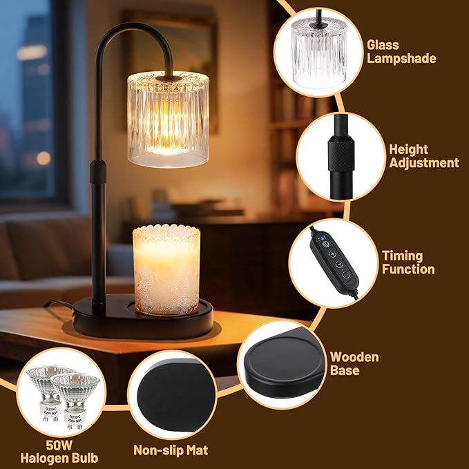 Candle Warmer Lamp with Timer: Modern Style Adjustable Height Candle Warmer Lamp Home Decor Safe Flame Free for Wax Blocks and Jar Candles Transparent Color