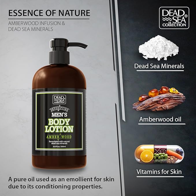 Dead Sea Collection Amberwood Men's Body Lotion - Amberwood Oil and Dead Sea Minerals - Maximum Hydration Nourishing Moisturizing Lotion for Men - 16.9 Fl Oz Bottle