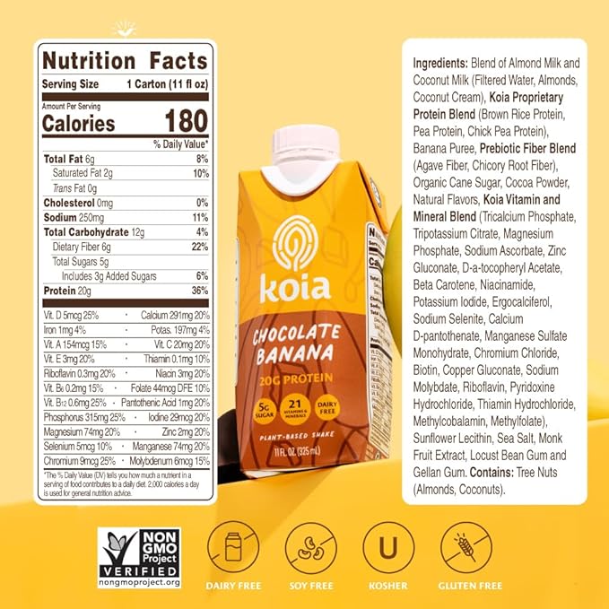Koia Plant Based Protein Shake, Chocolate Banana, 20g Protein, 5g Sugar, 6g Prebiotic Fiber, 21 Vitamins & Minerals, Meal Replacement Drinks, Dairy-Free, Gluten-Free, Non-GMO, 11 Fl Oz (Pack of 12)