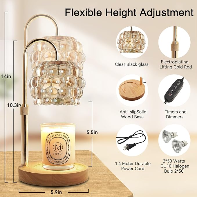 Candle Warmer Lamp with Timer Adjustable - Height Candle Warmer, Dimmer, Vintage Glass Wax Melting Lamps for Home Decor, for Candles in Jars with 2 Bulbs