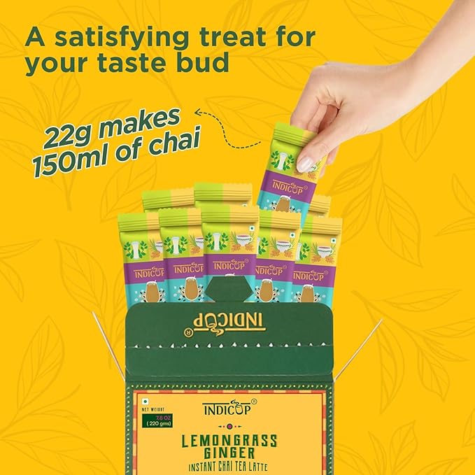 INDICUP Instant Chai Tea Latte Lemongrass Ginger Premix | True Indian Taste Tea Powder | Ready Mix Tea | 10 Single Serve Sachets | 220g (7.76 Ounce)
