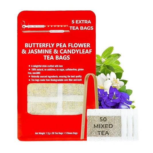 Butterfly Pea Flower Tea with Jasmine & Stevia - 55 Count (+5 Tea Bags) - 4.44 oz, Bamboo Tong, No Sugar Added & No Additives, Re-Steep Natural Herbal Tea Blend for Skin,Support