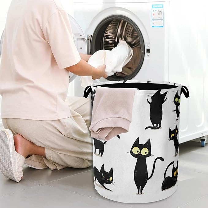 Funny Black Cat Laundry Hamper,Dirty Clothes Laundry Basket with Handles Waterproof Oxford Cloth Storage Basket for College Dorms Bathroom Bedroom 16" x 20.8"