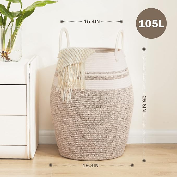 Fiona's magic 105L Extra Large Laundry Hamper Basket, Woven Tall Clothes Hamper for Storage Blanket, Toys and Dirty Cothes in Bedroom and Living Room Organizer, Brown & White