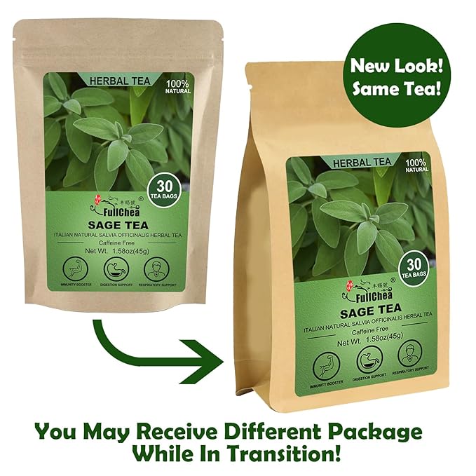 FullChea - Sage Tea Bags - 30 Count X 1.5g - Premium Natural Cut & Sifted Sage Leaf - Non-GMO - Caffeine-free - Rich in Antioxidants & Respiratory Support