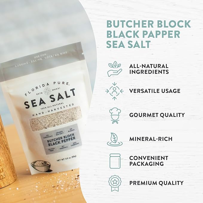 FLORIDA PURE Black Pepper Sea Salt - 80+ Mineral Sea Salt, Natural, Unrefined, Non Iodized - for Baking, Cooking, Seasoning & Enhancing Taste - Rich Taste Flaky Sea Salt (3 oz Pouch)