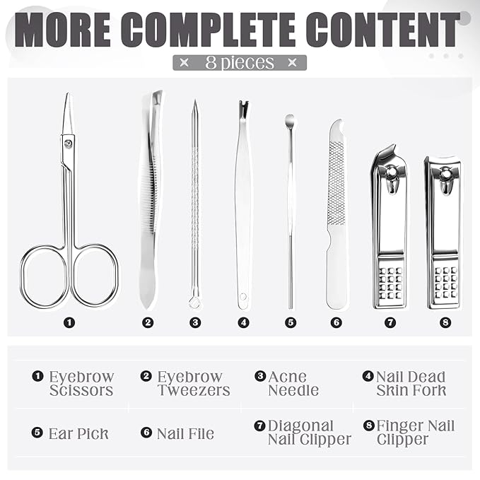Geosar 12 Set 8 in 1 Manicure Set Stainless Steel Nail Clippers Kit Pedicure Care Tools with Leather Case Travel Grooming Kit Gift for Women Men(Glitter Silver)