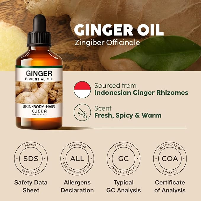 KUKKA Ginger Essential Oils - 4 Fl Oz - for Hair, Skin, Diffuser, Aromatherapy & DIY Soap Making Scent