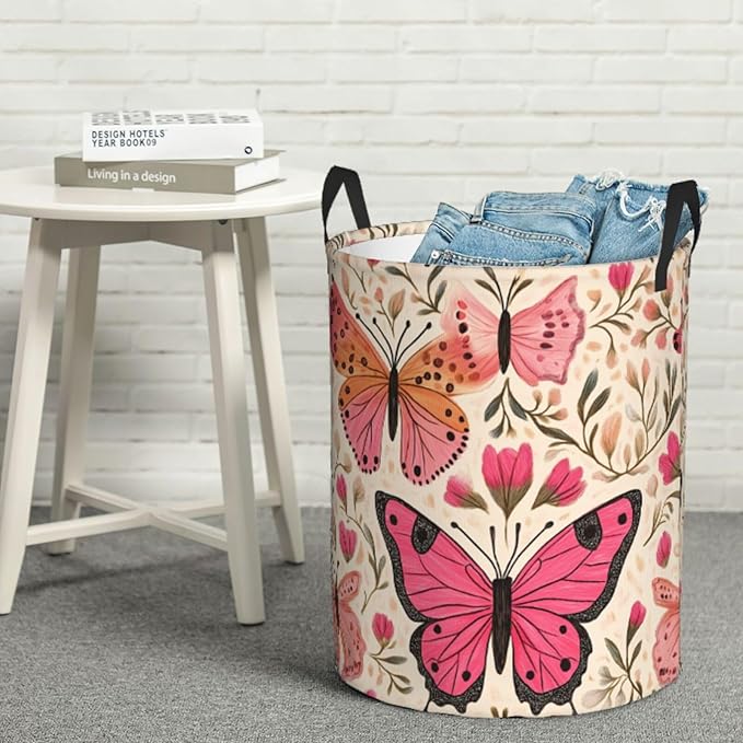 Laundry Basket Colored Pink Butterflies Collapsible Large Capacity,Dirty Clothes Basket Durable Lightweight Hamper With Handles Ideal For Clothes,Toys Home Organization size19.6iN *15.7in,63L