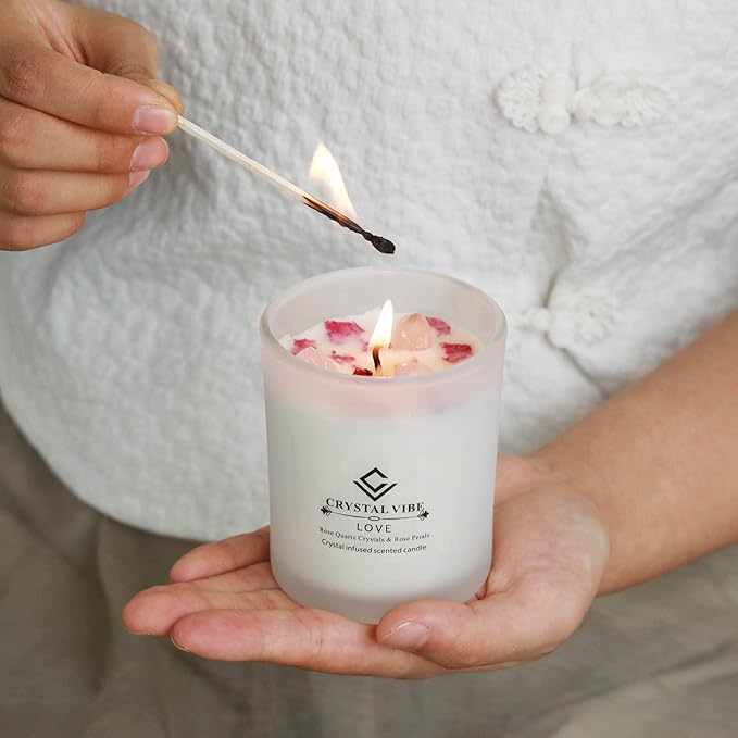 Crystal Vibe Rose Scented Candle for Love Romance Attraction - Love Candle with Rose Quartz Crystals - Aromatherapy Candles