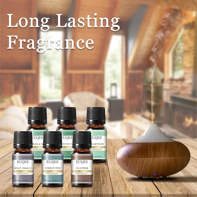 EUQEE Fragrance Oils Gift Set Premium Woody Scented Oil - Forest Pine, Warm Rustic Woods, Bamboo & Teak, Cedarwood, Leather, Sweet Tobacc(Honeyed Haze), for Diffuser, Soap Making, Candle - 6x10ml