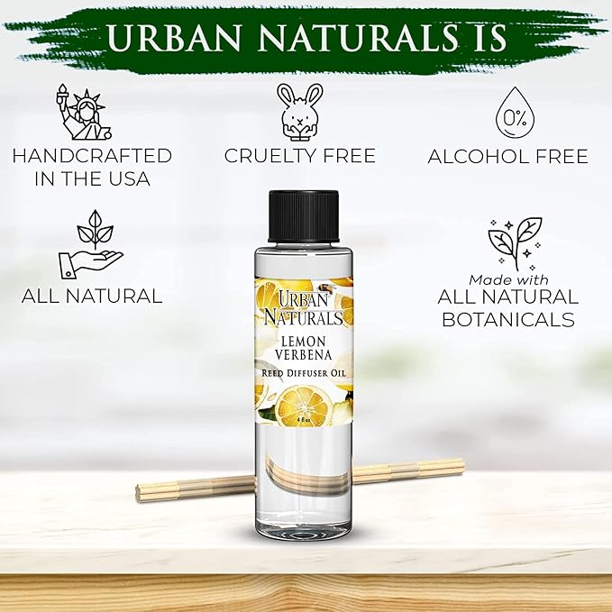Urban Naturals Lemon Verbena Scented Oil Reed Diffuser Refill | Includes a Free Set of Reed Sticks, 4 oz (2 Pack)