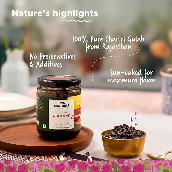 Rose Petal Jam Gulkand | Made from Premium Chaitri Rose | Naturally Sweetened with Raw Honey & Mishri | Best for Herbal Tea,Ice Cream & Smoothies |16 Oz from Two Brothers Organic Farms